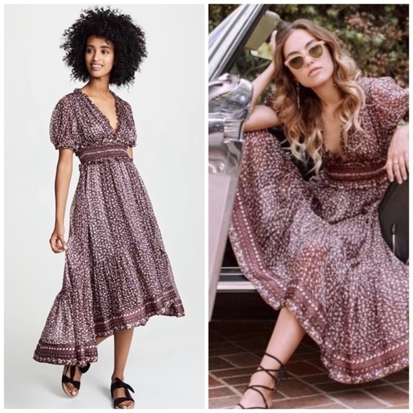 Ulla Johnson Evania Floral Short Sleeve Metallic Ruffle Silk Midi Dress Casual - Picture 1 of 7